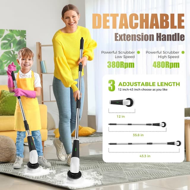 Detalle 2 de YKYI Cordless Electric Spin Scrubber with Adjustable Handle, 2 Speeds & 8 Brush Heads (IPX7)