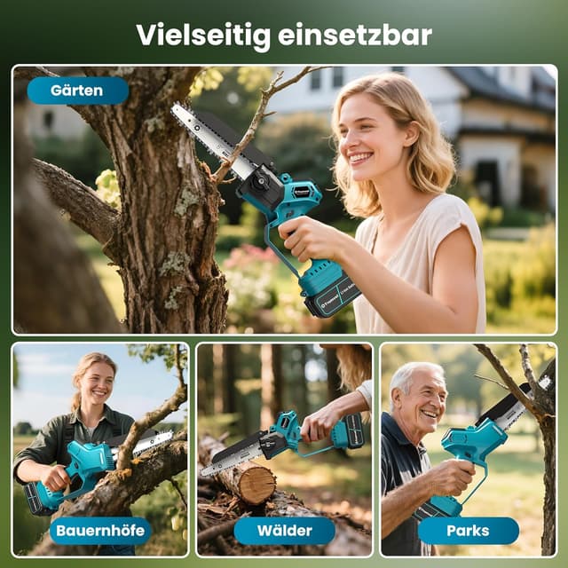 Detalle 2 de Mini motosega Trumvol da 8 pollici con motore brushless e batteria 21 V 8000 mAh, a una mano