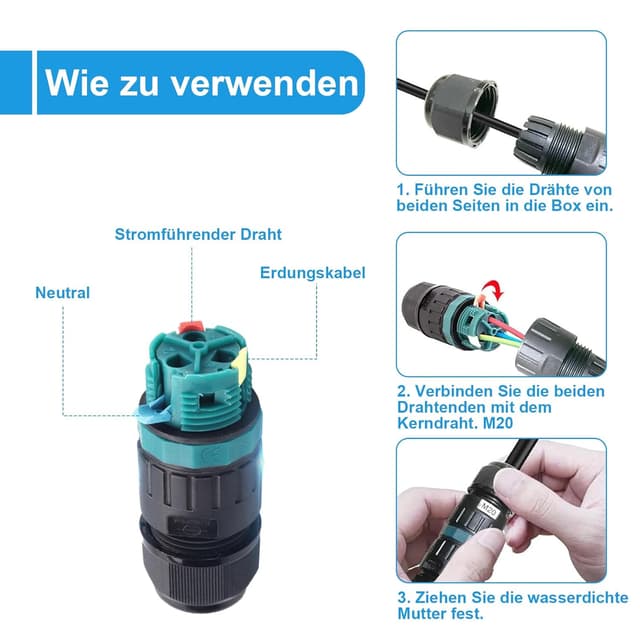 Detalle de Harewu wasserdichte Kabelverbinder IP68 (3-Polig) für Ø 9–14 mm Kabel – 3 Stück Außen-Verteilerdose