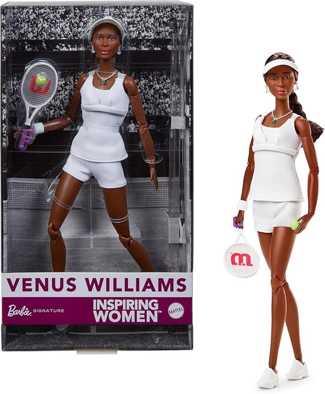 Detalle de Barbie Inspiring Women Venus Williams muñeca con raqueta 🎎