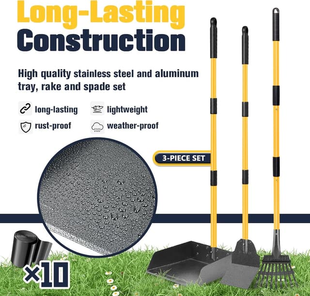Detalle de Dog Pooper Scooper Tray, Rake & Shovel Kit with Adjustable Long Handle and 10 Waste Bags