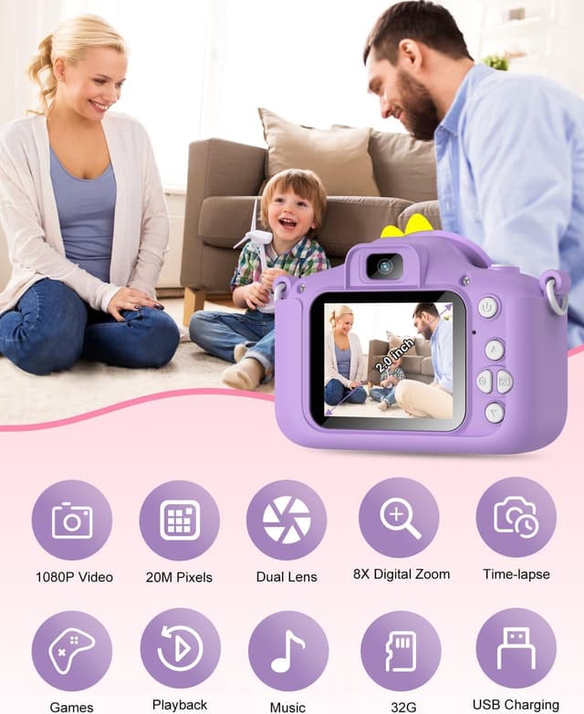 Detalle 2 de Hangrui Kids Camera (20MP) with Dual Lens, 2-inch IPS Screen, 1080P Video and Shockproof Silicone Case (Purple)