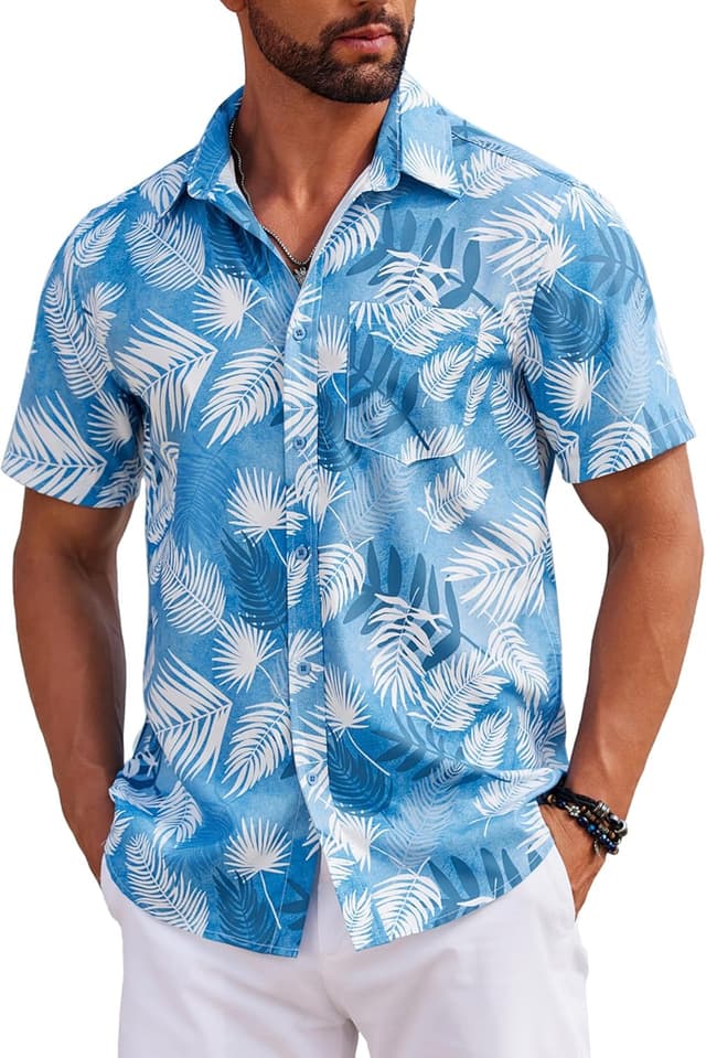 Detalle 2 de COOFANDY men’s short-sleeve Hawaiian shirt with front pocket – summer floral beach style