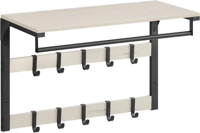 Detalle de VASAGLE Appendiabiti da parete con mensola e 10 ganci rimovibili LCR101W03 (bianco vintage e nero)