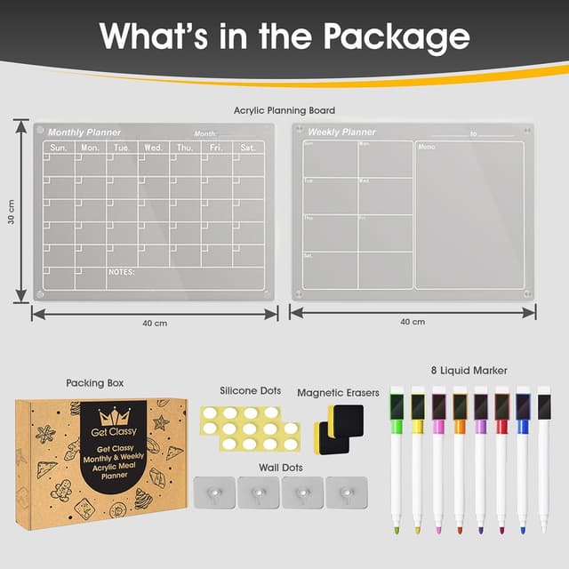 Detalle de Get Classy Magnetic Acrylic Meal Planner – Monthly & Weekly Fridge Menu Board (Clear, with 8 Dry Erase Markers)