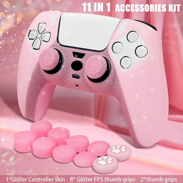 Detalle de Pink glitter anti-slip silicone grips cover set for PS5 (Slim/Pro) – HLRAO, 8 thumb grips caps + protective skin cover