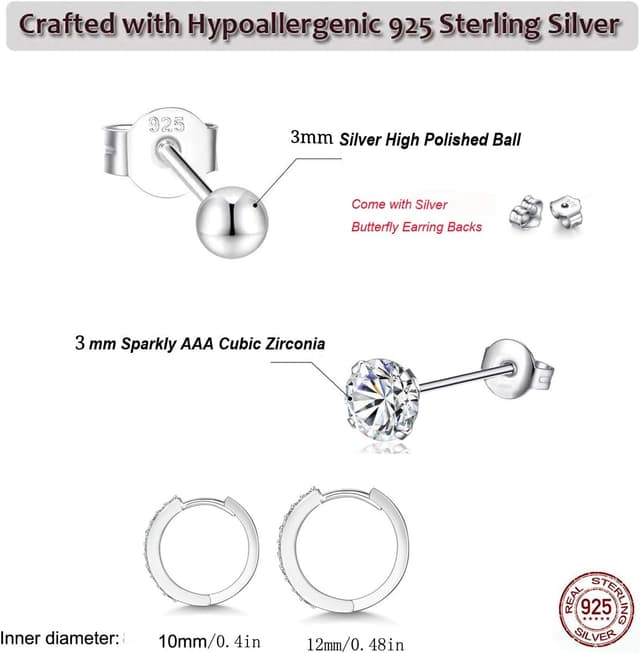 Detalle de Boucles d’oreilles femme argent 925 : clous 3 mm, zircons cubiques et créoles 10/12 mm (argent, or jaune, or rose)