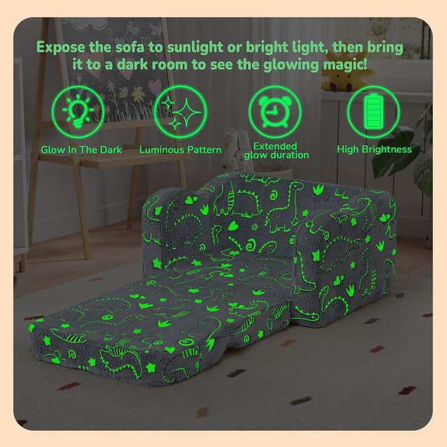 Detalle de MeMoreCool Glow-in-the-Dark Dinosaur Kids Couch (2-in-1 Foldable Lounger) for Ages 1–3