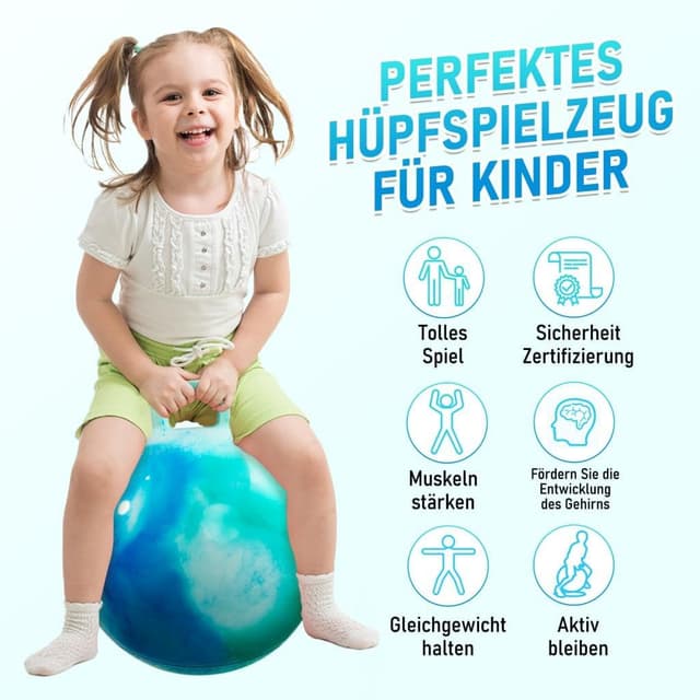 Detalle de U&C Planet Hüpfball (Aufblasbarer Hopperball) 50 cm mit Pumpe, bis 100 kg – für Kinder 5–9, Wolke blau