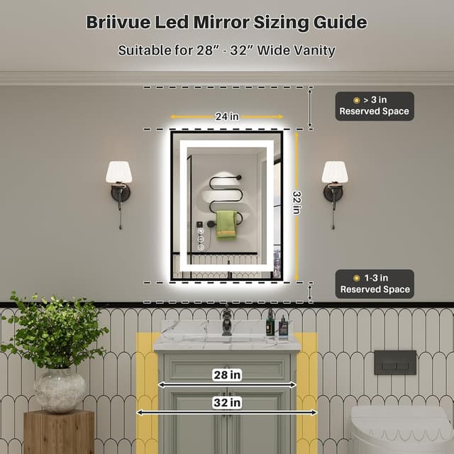 Detalle de Briivue 24x32 LED Bathroom Mirror (Black Frame) with Dual Lighting, Anti-Fog, Dimmable + Memory