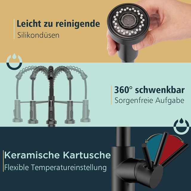 Thumbnail 6 de FORIOUS Wasserhahn Küche Schwarz Küchenarmatur Hoher Bogen