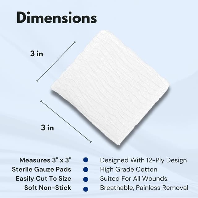 Detalle de Dealmed 3” x 3” Sterile Gauze Pads (100 Count) — Disposable, Individually Wrapped Wound Care Dressings