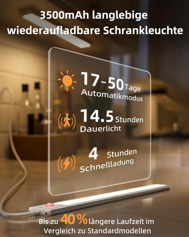 Detalle de EZVALO Schrankbeleuchtung LED 30 cm mit Bewegungsmelder – recargable Unterbauleuchte für Schrank, Küche & Co. (2er-Set, Schwarz)