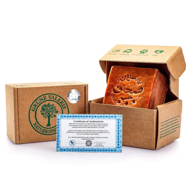 Detalle de Grüne Valerie Naturkosmetik GRÜNE VALERIE® Original Aleppo Seife Deluxe – 200 g (+70% Lorbeeröl/Olivenöl) – 6 Jahre gereift