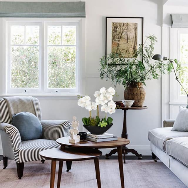 Detalle de Oairse 18" white artificial orchid arrangement in black ceramic pot