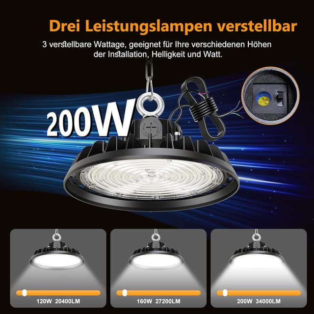 Detalle 2 de RUISUN UFO Werkstattlampe LED High Bay 200 W, dimmbar, 6.000 K, IP65 (4er-Set)