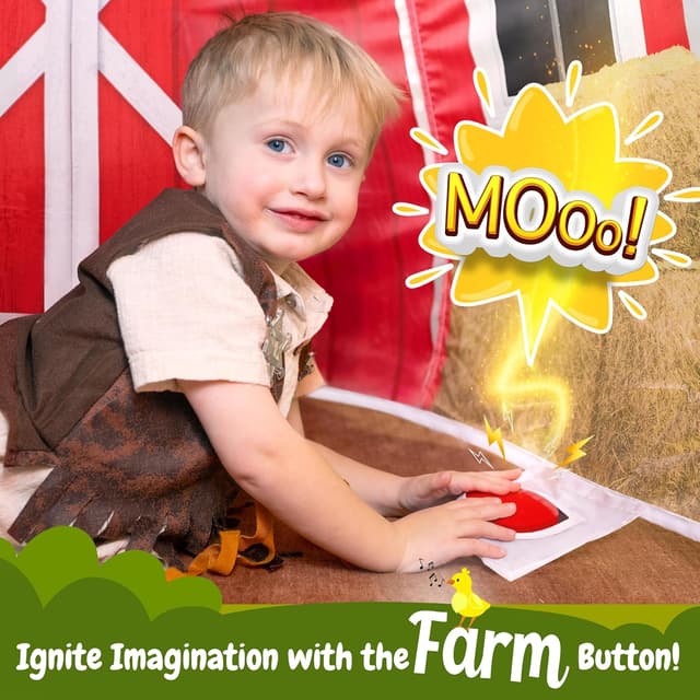 Detalle de W&O Farmhouse Barn Inflatable Play Tent with LED Lights, Farm Sound Button & Fan Setup (Fan Not Included)