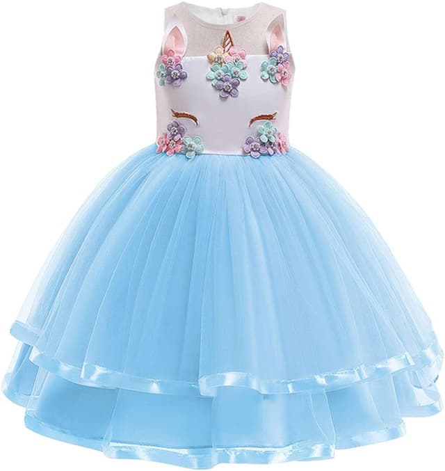 Detalle de URAQT Mädchen Prinzessin Kleid mit Einhorn-Design (inkl. Halskette & Stirnband) – Blau, 110 cm