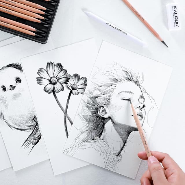 Detalle de KALOUR 18-Piece Professional Sketch Pencil Set (5H to 14B) with Erasers, Sharpener and Blending Stump