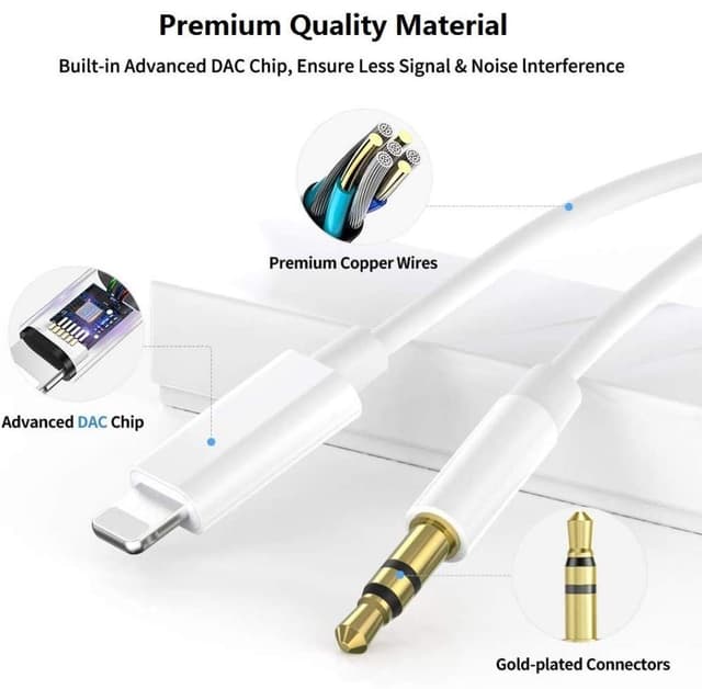 Detalle 2 de Cavo Aux per iPhone con certificato Apple MFi, Lightning-3,5 mm 1,2 m per autoradio e cuffie