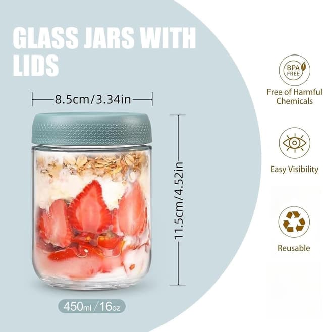 Detalle de Eidoct 6-Pack 450ml Glass Jar Pots with Screw Lids for Leakproof Overnight Oats (6 Colours)