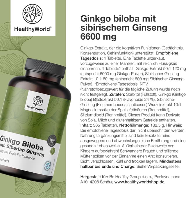 Thumbnail 6 de HealthyWorld Ginkgo Biloba mit sibirischem Ginseng (6.600 mg) – 365 Tabletten für die tägliche kognitive Unterstützung