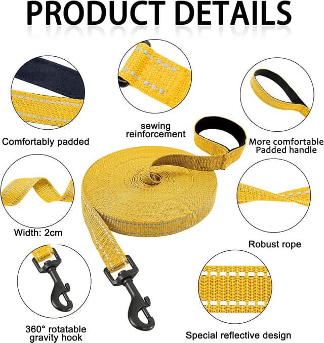 Detalle de COMSLE Long Leads for Dog Training (3m–20m) – Extra Long Nylon Training Leash with Rotating Buckle