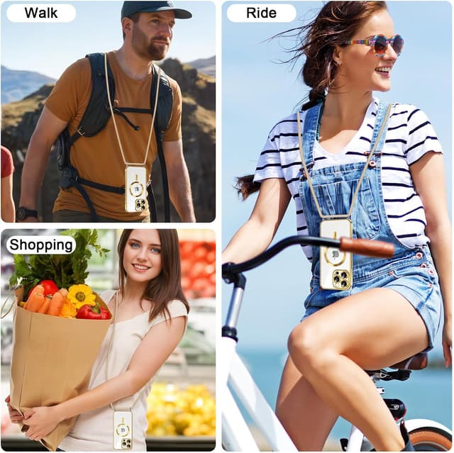 Detalle de Micnkifo Magnetisches Handyband mit abnehmbarem Umhängegurt für iPhone 14 Pro (Magsafe-kompatibel) – Hülle mit verstellbarer Kordel, Gold