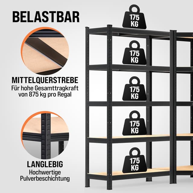 Detalle de Monzana 3er Set Schwerlastregal Eckregal (2625 kg) mit MDF-Platten, schwarz – modular & steckbar