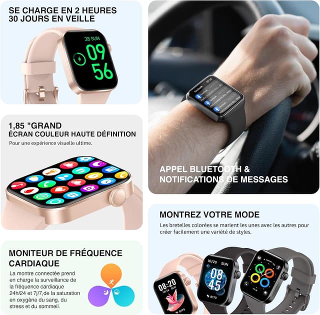 Detalle 2 de Montre connectée ASEEYIRJ P2 (1,85") avec appels Bluetooth, 140+ modes sportifs et suivi santé IP68