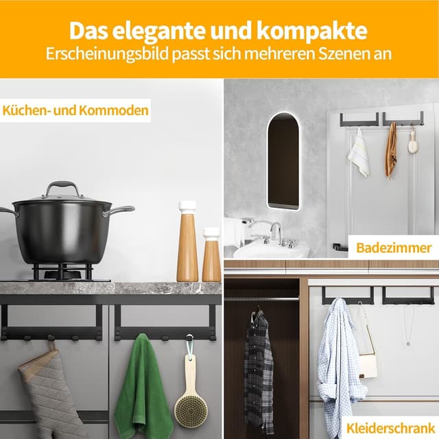 Detalle de Gypie Türhaken zum Einhängen (2 Stück) aus mattem Schwarz, mit 6 Haken pro Set