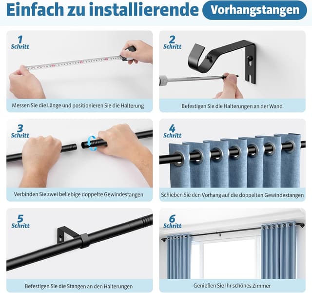 Thumbnail 6 de TRAROD Gardinenstange schwarz matt (ausziehbar) 76–228 cm, Ø 16 mm