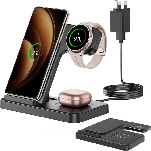 Detalle de GEEKERA 3-in-1 Wireless Charger Dock for Samsung phones, Galaxy Watch & Galaxy Buds (Foldable, Black)
