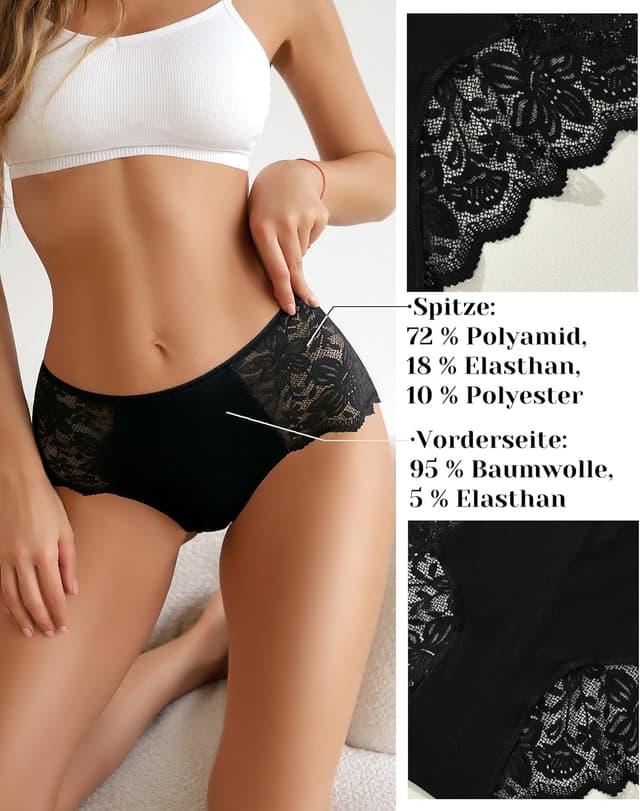 Detalle de Sth Big High-Waist Unterhosen Damen mit Spitze – bequemer Brazilian Slip, atmungsaktiv (Mehrpack)