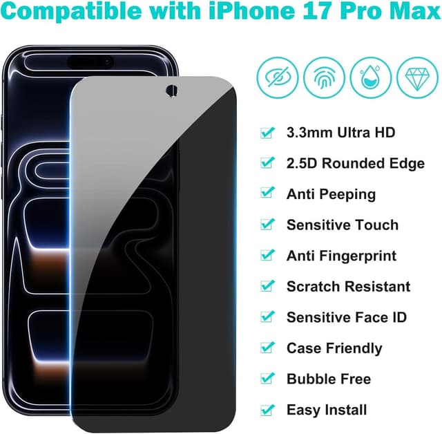 Detalle 2 de PEHAEL 3+3 Privacy Glass for iPhone 17 Pro Max 6.9