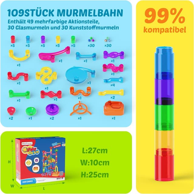 Detalle de Murmelbahn Logikspiele Mehrfarbige Kugelbahn (109 Teile) mit transparenten Bahnelementen – STEM Marble Rush Doppelspiel