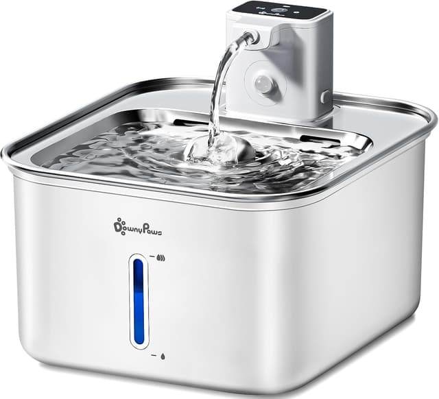 Detalle de DownyPaws Katzenbrunnen Edelstahl kabellos mit Bewegungsmelder und Akku (Elfenbeinweiß)