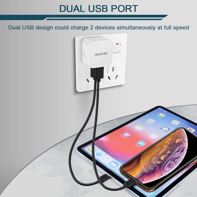 Detalle 2 de AILKIN 2-Pack 2.4A Dual USB Wall Charger (Flat, 90-Degree Plug) for iPhone & Samsung