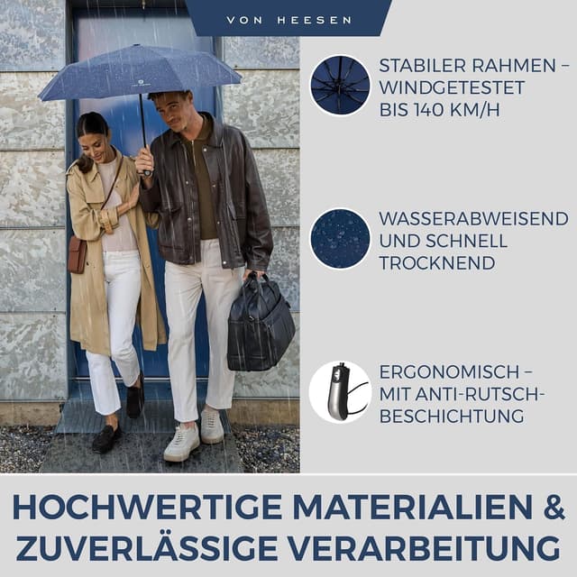 Detalle de VON HEESEN Taschenschirm sturmfest bis 140 km/h inkl. Schirm-Tasche & Reise-Etui