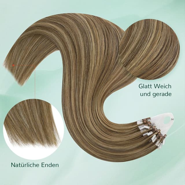 Detalle de Easyouth Microring Echthaar-Extensions #P4/27 (Honigblond- / Gelbblond-Highlights) 40 cm, 50 g