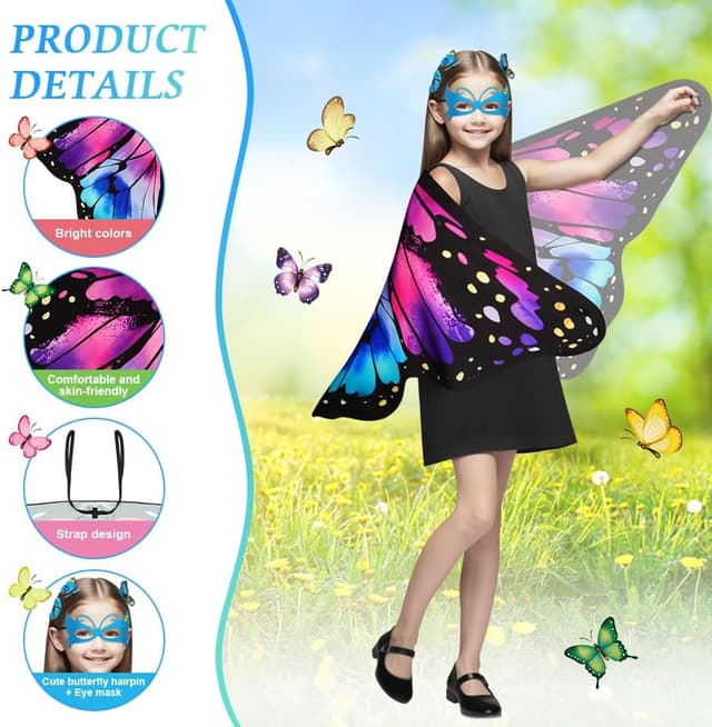 Detalle 2 de Aomig Ali di Farfalla per Bambini (Costume Fata) con Maschera e Clip – Viola + Blu