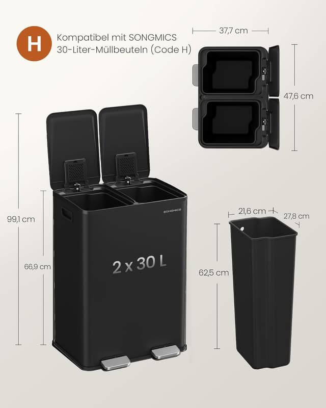 Thumbnail 3 de SONGMICS Mülleimer Küche 2x30 L two-fach mit Softclose