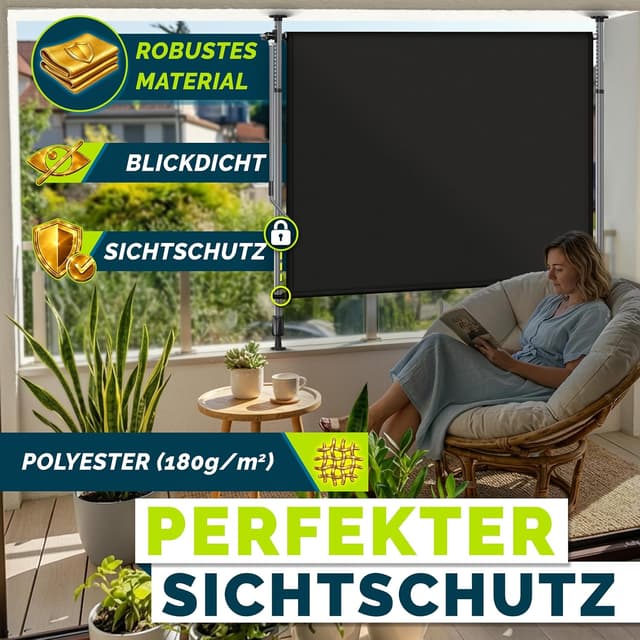 Detalle de tillvex® Klemmmarkise Senkrechtmarkise mit Handkurbel – Sichtschutz & Wetterfestes Balkonrollo ohne Bohren (Schwarz, 120x310 cm)