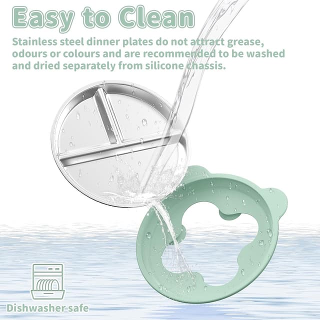 Detalle de Edelstahl Baby Teller mit Saugnapf (2 Stück) – Silikon-Kinderteller BPA-frei, abnehmbare Hülle, Beige + Dunkelgrün