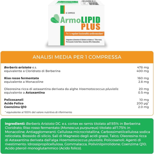 Detalle de Armolipid Plus 30 compresse: integratore per supporto lipidi, omocisteina e benessere cardiovascolare