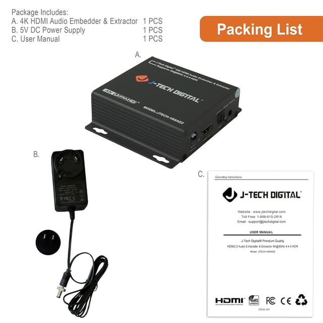 Detalle de J-Tech Digital JTECH-18GAE2 HDMI Audio Extractor/Embedder (4K 60Hz, SPDIF + 3.5mm) with HDR10, HDCP 2.2 support
