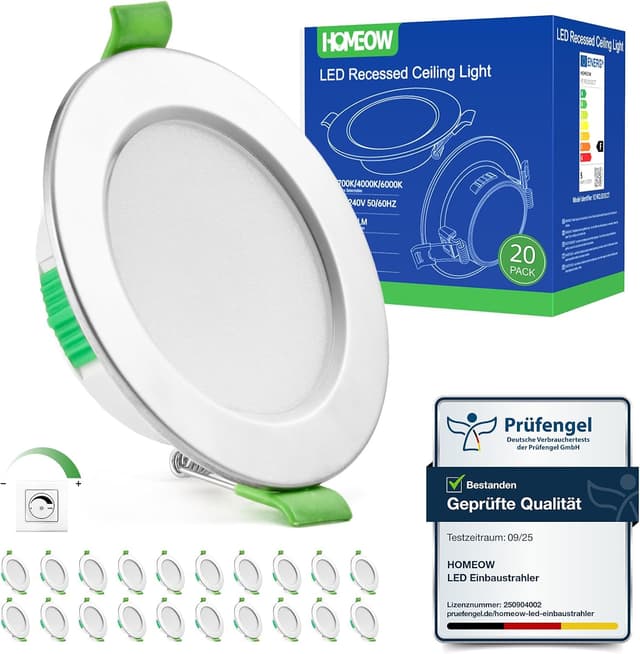 Detalle de HOMEOW 20er Set LED-Einbaustrahler 230V dimmbar 3-farbige Lichttemperatur Nickel (IP44, ultra flach 24 mm)