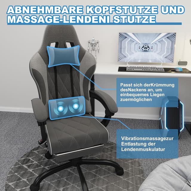 Thumbnail 6 de JUMMICO Sedia da gioco ergonomica in tessuto grigio con massaggiatore e poggiatesta (portata 150 kg)