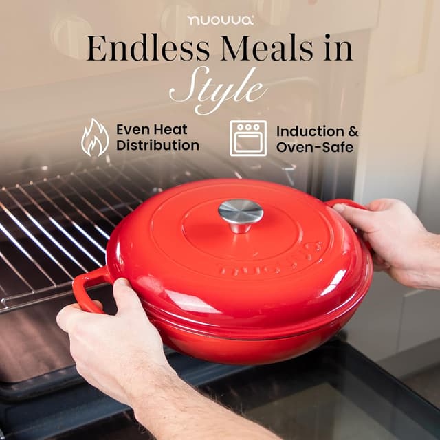 Detalle de Nuovva Shallow Cast Iron Casserole with Lid (3.7-Quart, 30cm) – Enamelled Non-Stick Dutch Oven Pot, Red