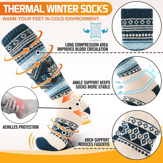 Detalle de Welwoos 3 Pairs Merino Wool Ski Socks — Thermal Knee-High